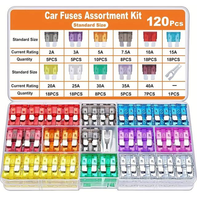 TEMU 120pcs Fuse Kit, Car Fuses Assortment Kit, Standard Blade Fuses Automotive Atc For Rv Vehicle Motorcycle (2amp 3a 5a 7.5a 10a 15a 20a 25a 30a 35a 40a) + Auto Fuse Puller