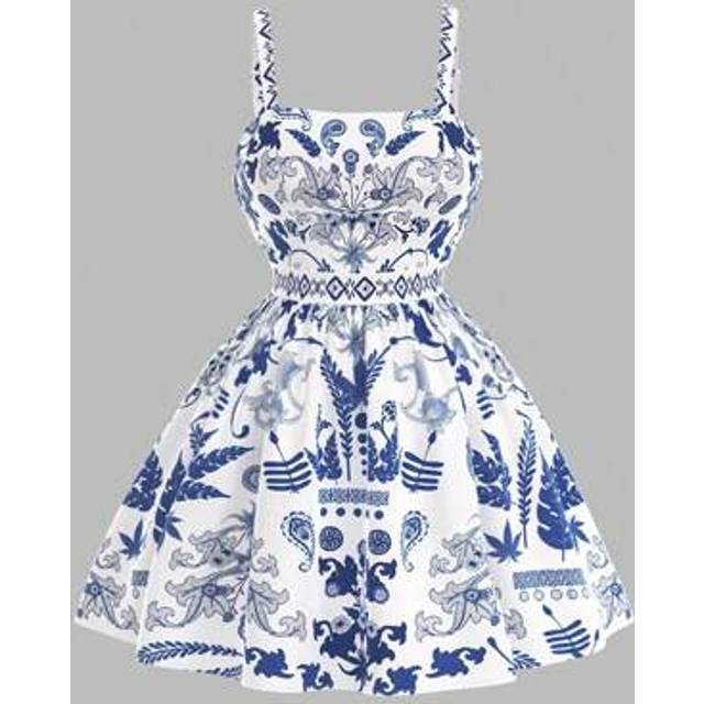 SHEIN Plus Size Women Placement Floral Print Flowy Dress Women Summer Clothes Dress,Loose Suspender Blue And White Positioning Print,  Flowers. Holiday Dres