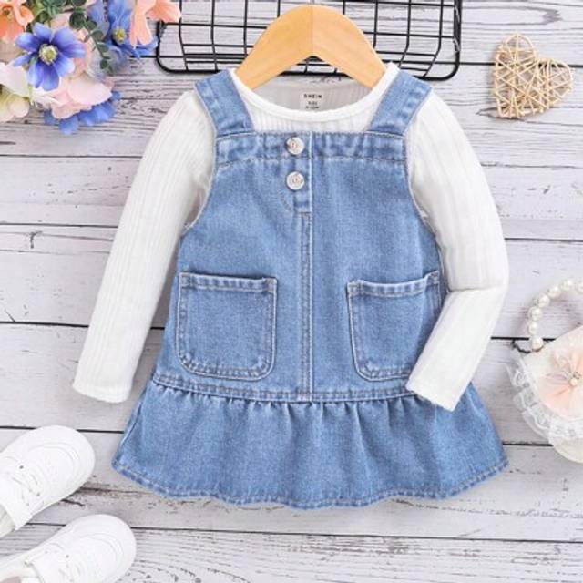 SHEIN Baby Girl Blue Cute New Design Ruffled Adjustable Blue Denim Jumper Dress,Kid Girls Spring And Summer Casual Vacation Country Boho Wear, Beach Outfits