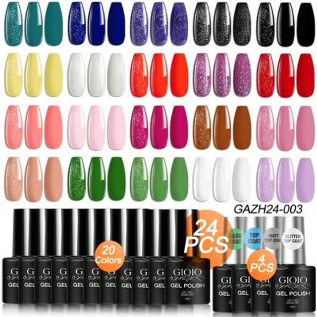 SHEIN 24 PCS Gel Nail Polish Kit 20 Colors Gel Polish With Base Coat Glossy&Matte And Glitter Top Coat Gel Nail Kit Dark Green Blue Red Collection UV Gel Al