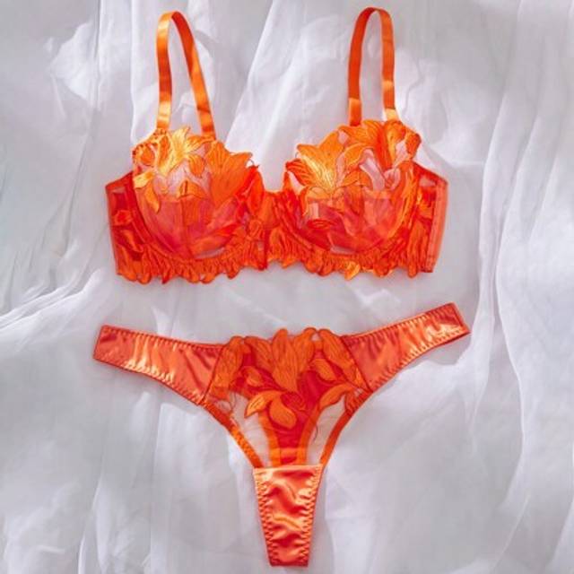 SHEIN 2pcs/Set Orange Plus Size Sexy Bra And Panty Lingerie Set