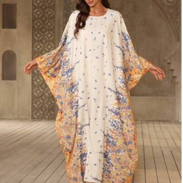 SHEIN Floral Print Elegant Turkish Abaya Robe, Oversize Women Long Sleeve Dress, Modest Kaftan