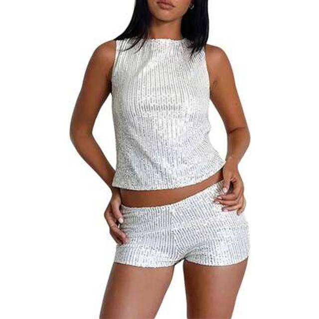 SHEIN Women&#39;s Shine Sequin Tank Top Sleeveless Crew Neck Vest Glitter Y2k Slim Fit Shirts Summer Going Out Crop Tops Club Streetwear