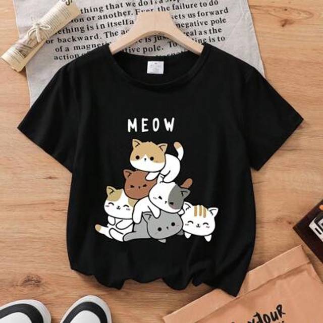 SHEIN Young Girls Letter & Cartoon Cat Graphic Print Short Sleeve T-Shirt, Summer