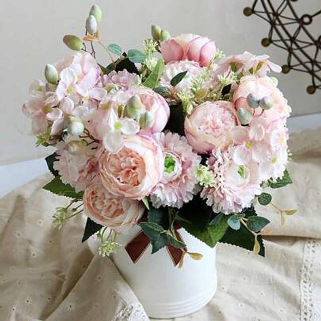 SHEIN 1pc/3pcs Artificial Rose Hydrangea Peony Mixed Flower Bouquet, DIY Wreath Material, Wedding Decor, Birthday Party, Home Vase, Outdoor Garden Decor, Ch