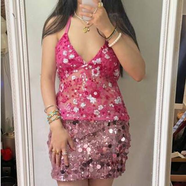 SHEIN Women&#39;s Sequin Mesh Slim Crop Tank Top Halter Neck Sleeveless Sexy Y2K Vest For Aesthetic Streetwear