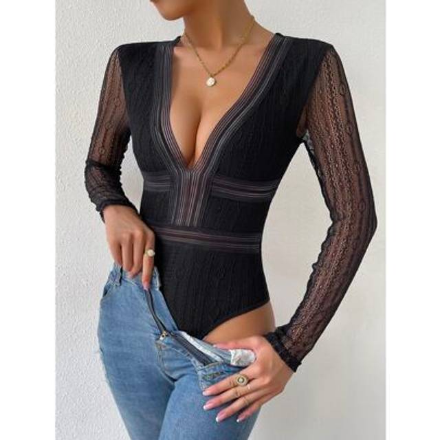 Calvaya Contrast Lace Plunge Neck Cut Out Bodysuit