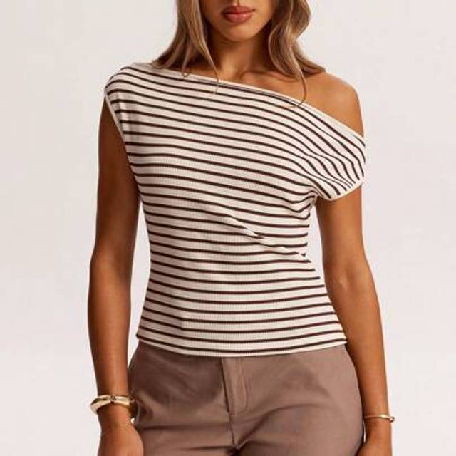SHEIN Spring, Autumn And Summer Crochet Brown Striped Off-Shoulder Irregular Top T-Shirt Is Suitable For Daily Leisure, Going Out, Going Out With Girlfriend
