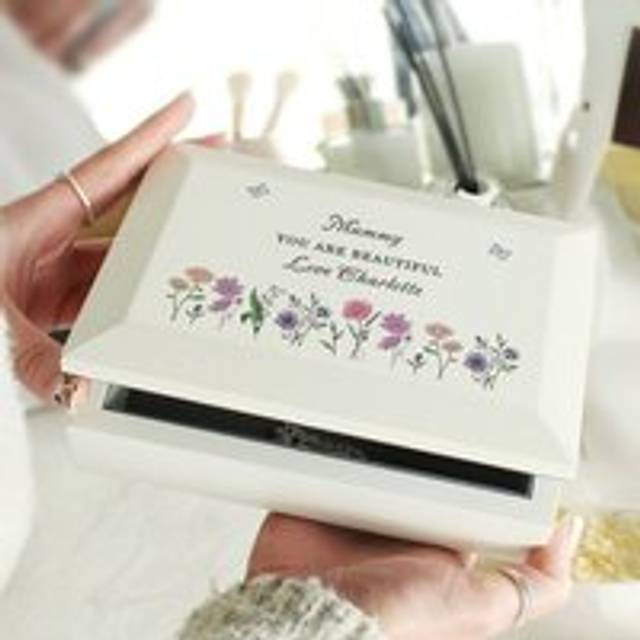 Personalised Wild Flowers Wooden Jewellery Box - White