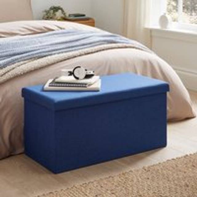 Faux Linen Rectangular Storage Ottoman - Classic Blue