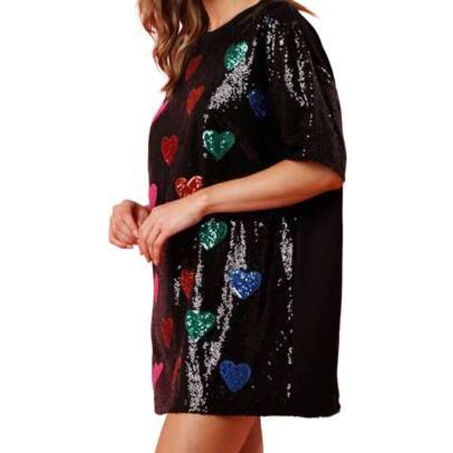 SHEIN Women&#39;s Sequin T Shirt Dress Short Sleeve Round Neck Heart Pattern Oversized Tops Party Dress