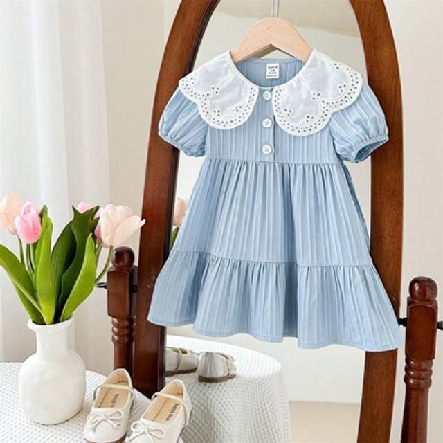 SHEIN Babygirl Sweet Summer Blue Striped Loose Fit Peter Pan Collar Short Sleeve Dress