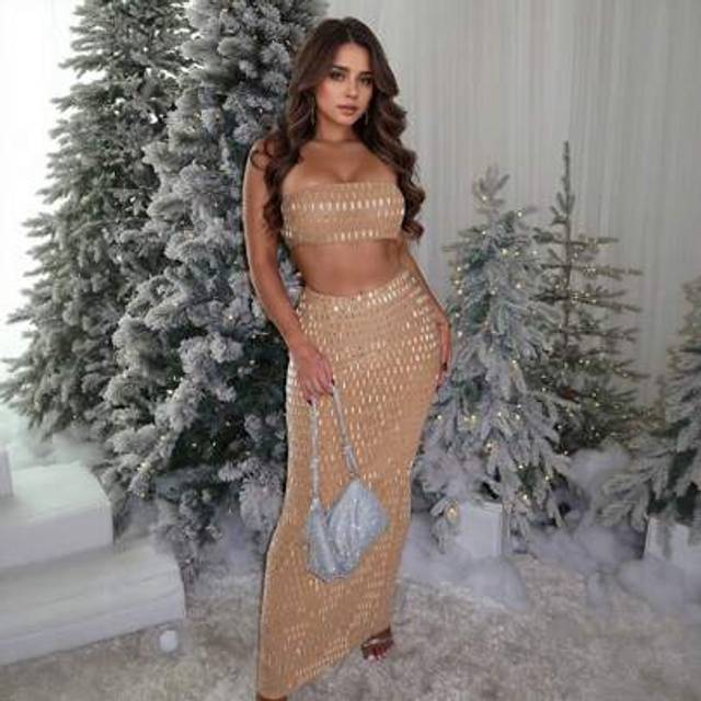 SHEIN Women&#39;s Sexy Glitter Rhinestone Slim Tube Top Long Dress Two Pieces Set Birthday Party Fashion Elegant Outfit Apricot