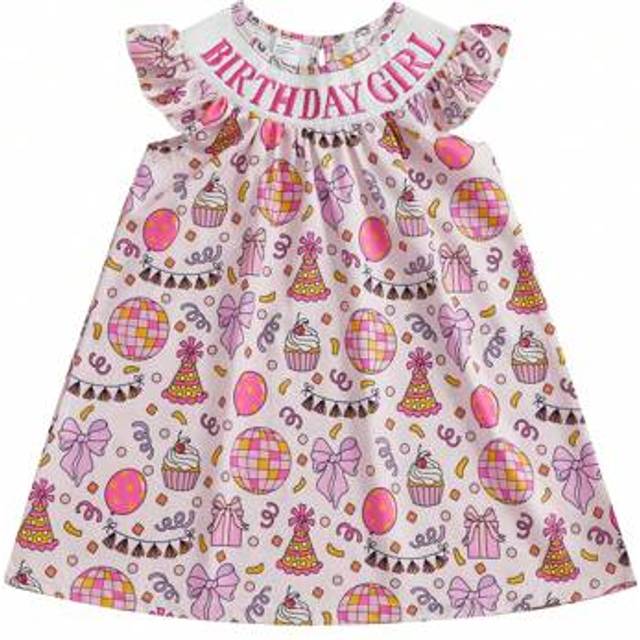 SHEIN Toddler Girl Birthday Dress Letter Embroidery Disco Ball Bow Print Flying Sleeve Round Neck A-Line Dress