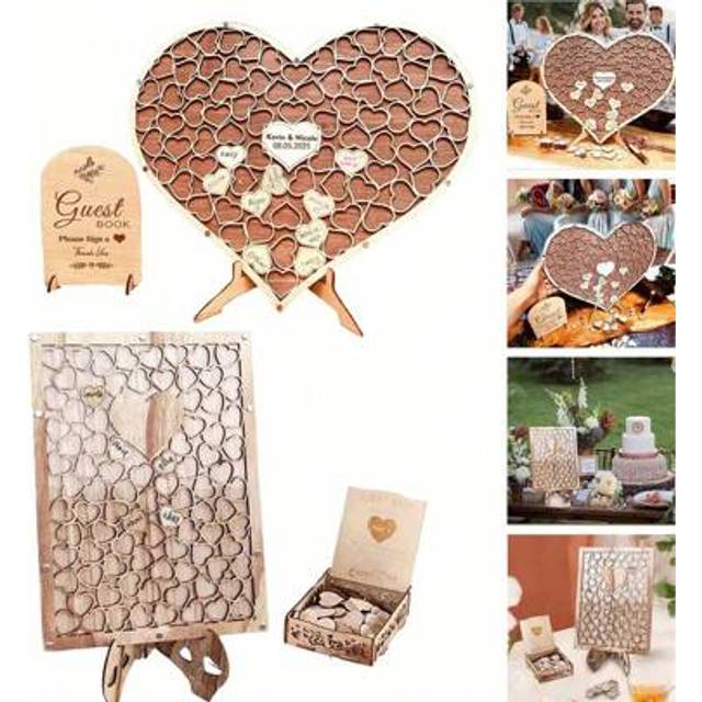 SHEIN Rustic Wedding Guest Book,Heart Frame Wedding Guest Book,Guest Book Sign With Pen Set,Wedding Decor, Wooden Drop Box, Personalized Wedding Guest Book