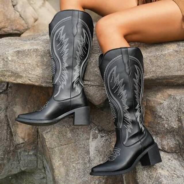 SHEIN Women&#39;s Western Boots, Classic Embroidery Over-The-Knee Wide Calf Boots, Slip-On Pointed Toe Chunky Heel Retro Vintage High Shaft Boots, Versatile For
