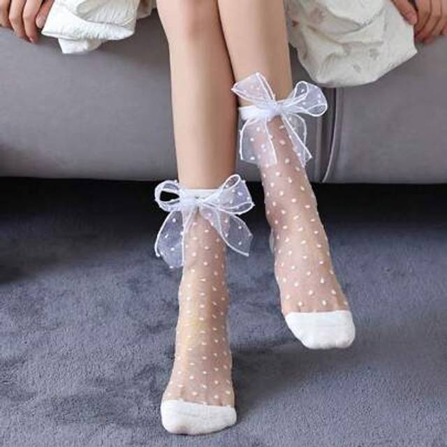 SHEIN 1/2/4 Pairs Lace Trim Sheer Glass Silk Knee High Socks, Transparent Crochet Lolita Socks, Thin Mesh Bow Ankle Socks, Women Hosiery Stockings