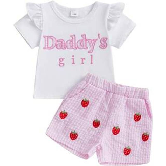 SHEIN Baby Girls Shorts Set, Short Sleeve Embroidery Letters T-Shirt With Plaid Shorts Summer 2-Piece Outfit