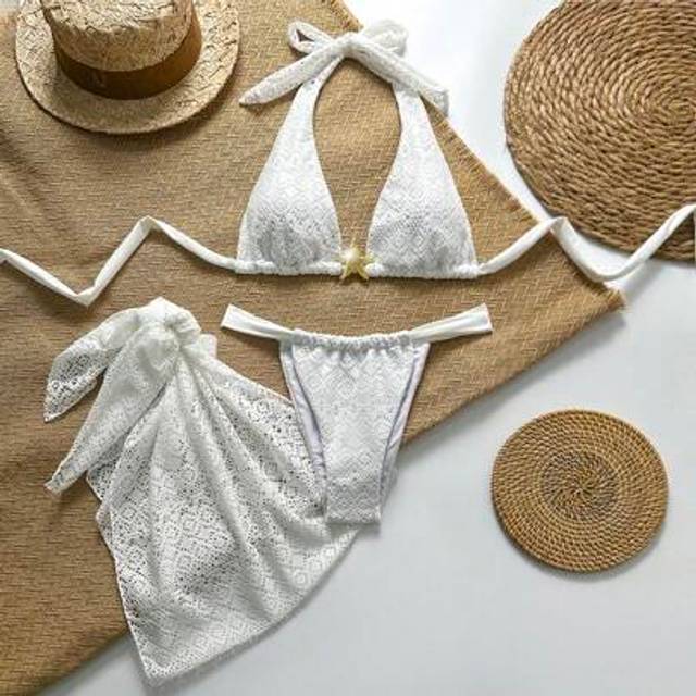 SHEIN 3pcs Set Sexy Beachwear Women Multi Way Bikini Crochet Set, European And American Style, Lace Fabric Beach Pants Sarong Coverup Swimwear