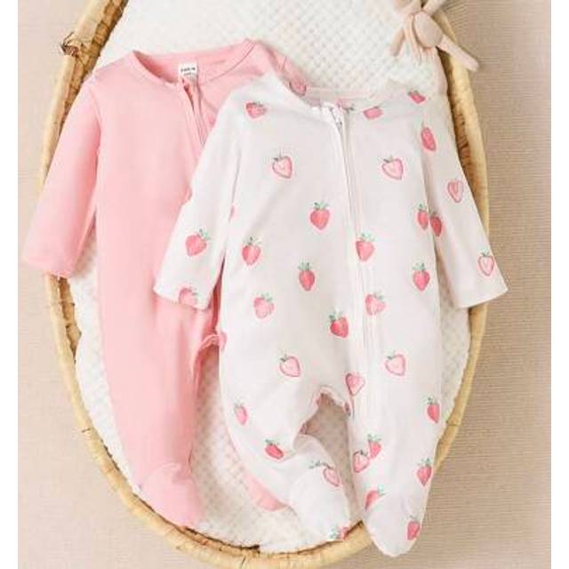 SHEIN 2pcs/Set Newborn/Infant/Toddler Girls Cozy Strawberry Print Long Sleeve Romper, Soft And Comfortable Clothes, Great As Gifts, Essential Items For Ever