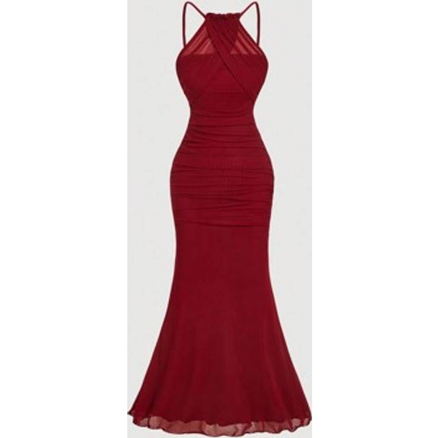 SHEIN Women&#39;s Burgundy Color Halter Neck Fish Tail Hem Long Dress,Prom Dress,Fall Dresses
