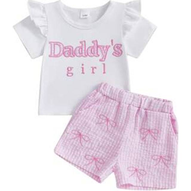 SHEIN Baby Girls Shorts Set, Short Sleeve Embroidery Letters T-Shirt With Plaid Shorts Summer 2-Piece Outfit