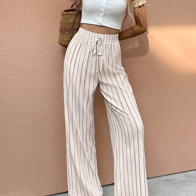 TEMU Women's Elegant Casual Wide Leg Pants With Tie Waist - Beige & White Striped Polyester, High Waist, Loose Fit, Spring/summer, Adult Fashion, Casual Attire|wide Leg Pants|polyester Fabric
