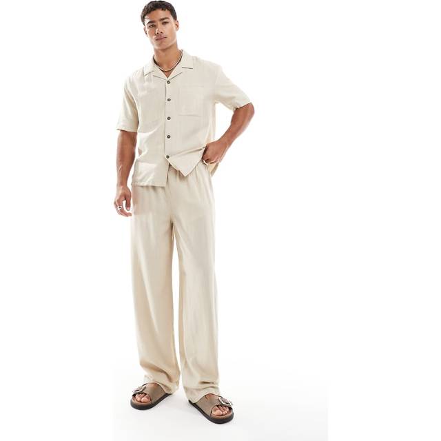 New Look Men's Stone Relaxed Linen Blend Wide Leg Trousers - L