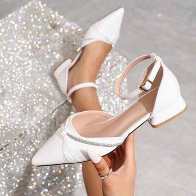 SHEIN 2025 Autumn Women&#39;s Elegant White Flat Shoes, Pointed Toe With Crystal Rhinestones, Lace Knot & Ankle Strap Details, Suitable For Casual, Outdoor, Par