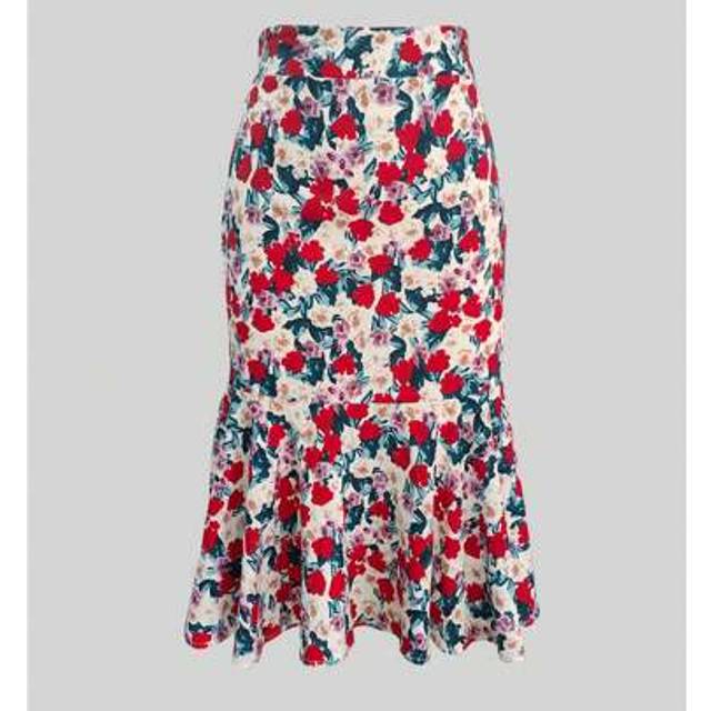 SHEIN Ditsy Floral Fitted Mermaid Mini Skirt, A-Line Elastic Waist Ruffle Hem Polyester Skirt, Suitable For Spring & Summer