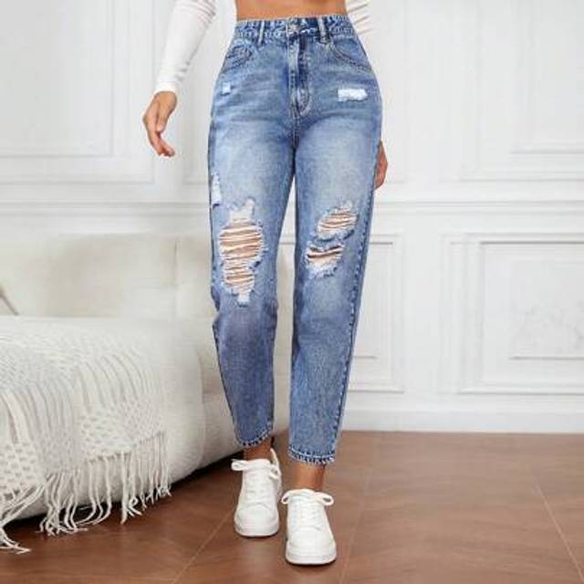 SHEIN Women&#39;s Slim Fit Cropped Ripped Casual Jeans