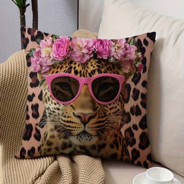 SHEIN 1pc Leopard Print & Pink Fashion Eyeglass Floral Wreath 45 X 45cm Soft Polyester, Machine Washable Zipper Pillow Cover, Home Decor Bedroom Living Room