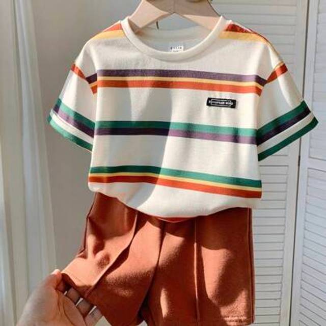 SHEIN 2pcs Baby Boy Cute Striped Short Sleeve Top And Elastic Waist Shorts Set, Summer