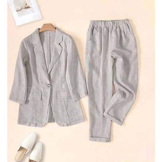 SHEIN Women&#39;s Casual Linen Single Breasted 3/4 Sleeve Blazer & Pants Suit Set, Spring/Summer