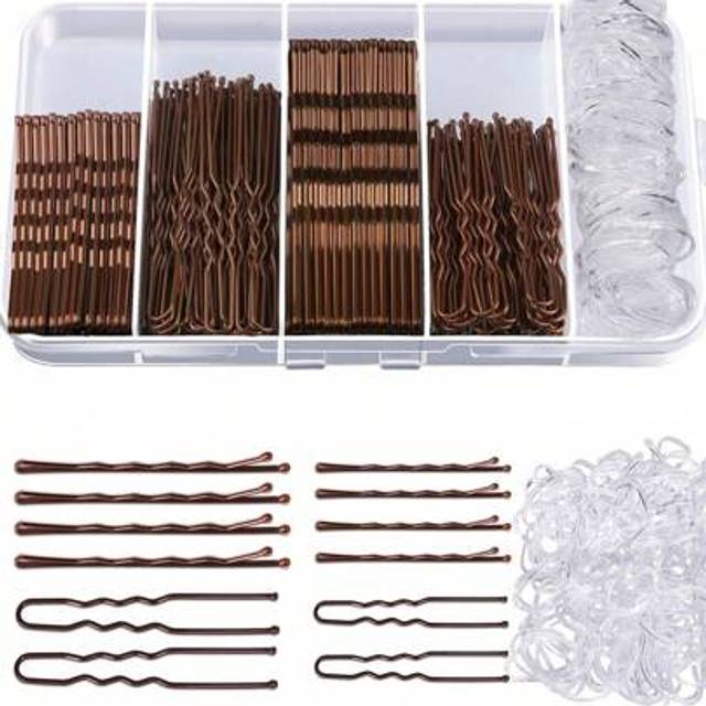 SHEIN 300pcs/Set Bobby Pins Hair Pins Set Kit, 100 Hair Pins, 100 Bobby Pins Brown Hair And 100 Hair Bands, Hair Pins For Buns, U Shape Pins Bobby Pins