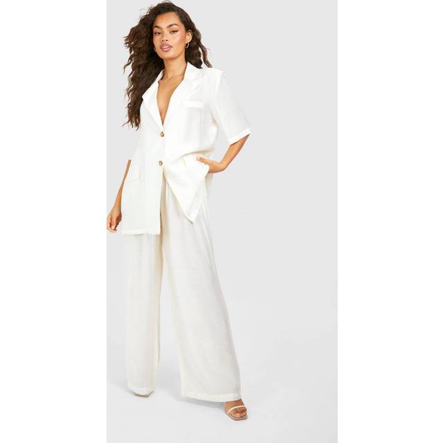 Womens Textured Crinkle Relaxed Fit Wide Leg Trousers - White - 6, White