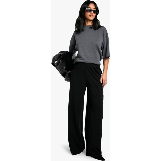 Womens Petite Stretch Wide Leg Trousers - Black - 16