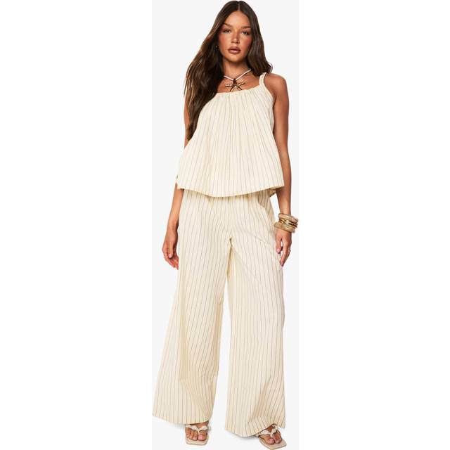 Womens Stripe Linen Look Wide Leg Trousers - Cream - 6, Cream