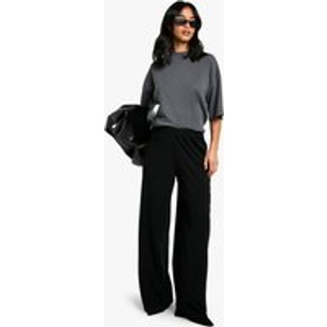 Womens Petite Stretch Wide Leg Trousers - Black - 10