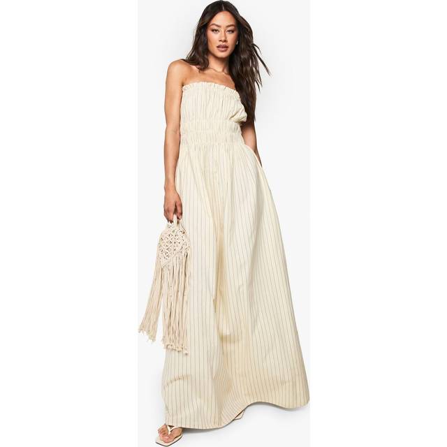 Womens Tall Linen Look Stripe Shirred Maxi Dress - Cream - 12