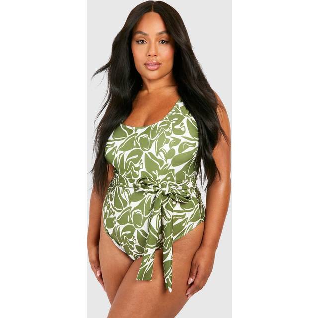 Womens Plus Abstract Tie Waist Swimsuit - Green - 20