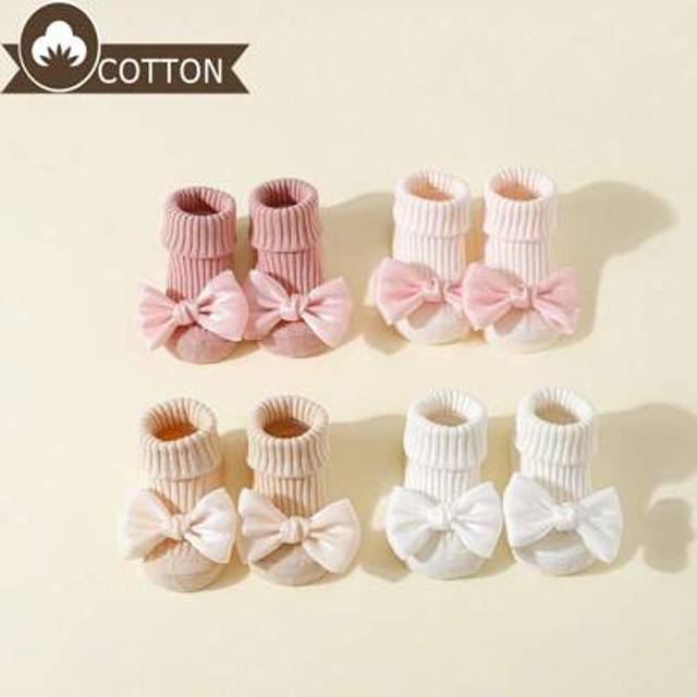 SHEIN 4 Pairs Baby/Toddler Girls&#39; Cotton Bow Decor Non-Slip Crew Socks, Suitable For Indoor Floor Use When Crawling/Learning To Walk, All Season