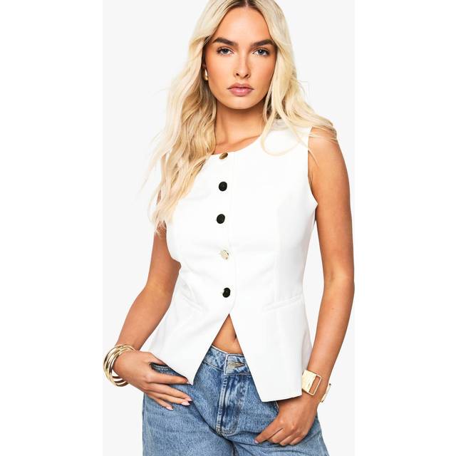 Womens Gold Button Tailored Waistcoat - White - 10, White