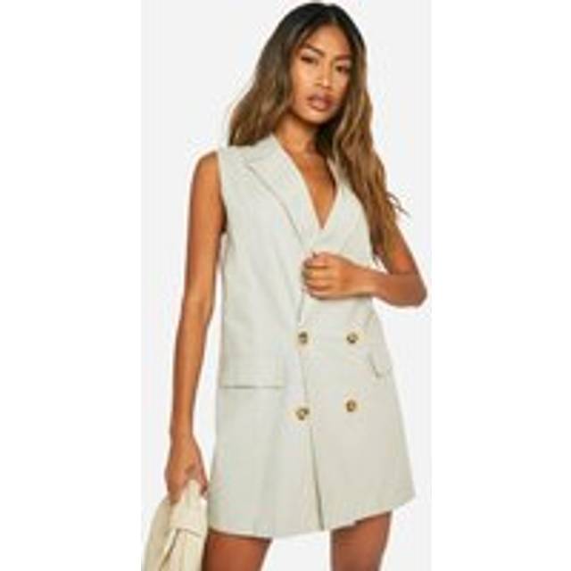 Womens Sleeveless Linen Look Blazer Dress - Beige - 14