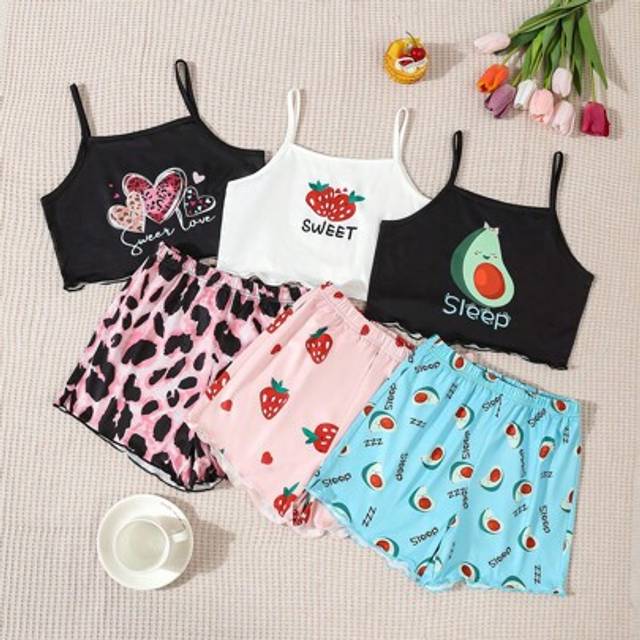 SHEIN 3pcs/Set Girls Minimalist Fashion Cartoon Fruit Print Avocado Strawberry Heart Sleeveless Top And Shorts Lounge Wear Set Young Girl Summer Outfits Sum