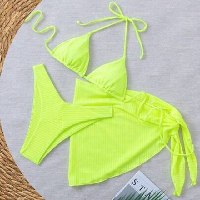 SHEIN Sexy Neon Green Halter String Bikini Set With Cover Up Skirt, Modern Beach Swimwear