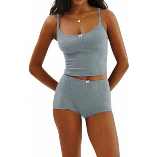 SHEIN Women 2 Piece Pajamas Set Bow Sleeveless Camisole And Elastic Shorts Loungewear Soft Sleepwear For Nightwear