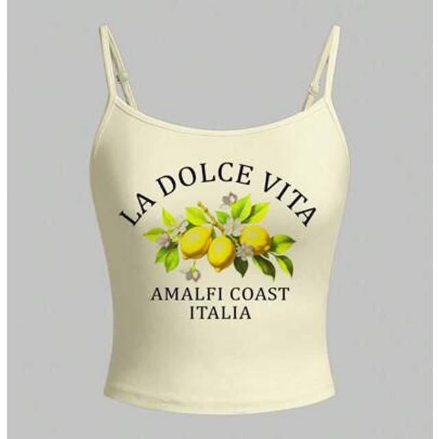 SHEIN Women Sexy White Casual Butter Yellow Camisole Crop Top, Marine Elements Print - Starfish, Seashell, Hawaii, Hibiscus Flower For Summer,SummerHoliday