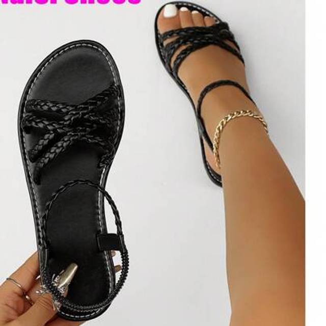 SHEIN Women&#39;s Flat Sandals, Summer Roman Style Open Toe Woven Strap Backless Shoes, Comfortable Summer Footwear, Suitable For Daily Wear, Fashionable Peep-T