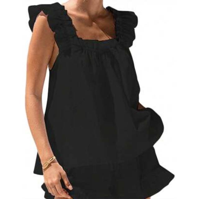 SHEIN Women&#39;s Summer Pajamas Sets Sleeveless Ruffle Crop Tank Top + Ruffle Shorts Lounge Pajama Sleepwear